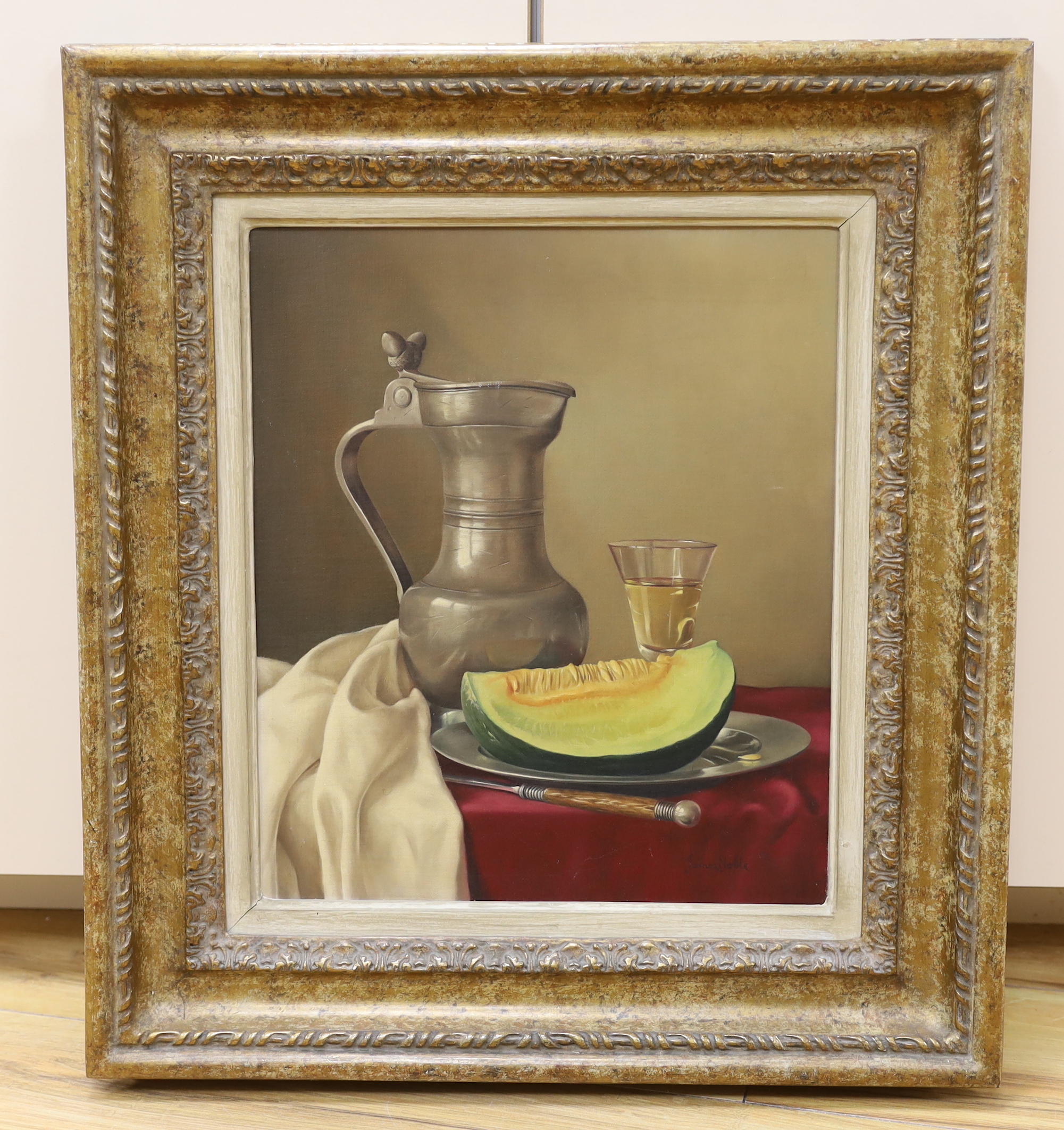 James Noble (British, 1919-1985), Still life with a pewter jug, a melon and a glass of white wine, signed, Stacey Marks label verso, dated 1st December, 1961, 34 x 29cm